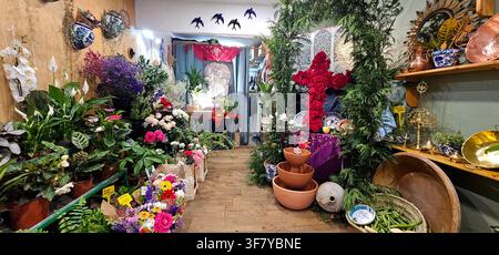 Ein Blumenladen-Interieur voller Topfpflanzen und farbenfroher Sträuße umfasst ein mit roten Blumen bedecktes Mai-Kreuz neben traditioneller Keramik, Ter Stockfoto