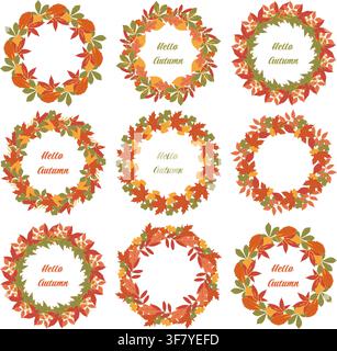 Neun Herbstkränze mit bunten Blättern und Hello Autumn-Text. Perfekte saisonale Illustration für Herbstdesign Stock Vektor