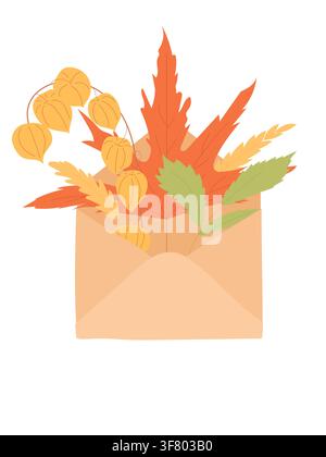 Offener Umschlag gefüllt mit bunten Herbstblättern und Physalis-Zweigen als Cliparts für Grußkarten. Stock Vektor