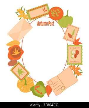 Herbstlicher Briefkastenkranz mit Briefumschlägen, Briefmarken, Kürbis, Ebereschenbeeren und Post Stock Vektor