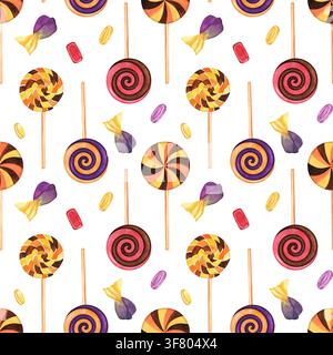 Verspieltes Halloween-Muster ohne Ende mit bunten spiralförmigen Lutschbonbons auf Stäbchen, verpackten Süßigkeiten und Karamell. Handgemalte Aquarellillustration für in Stockfoto