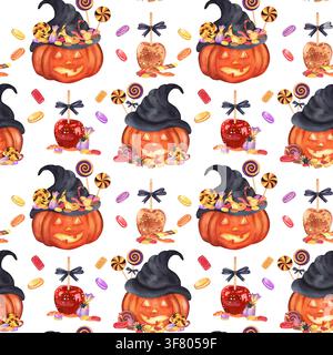 Nahtloses Halloween-Muster mit geschnitzten Kürbissen in Hüten, Süßäpfeln mit Schleifen, Spinnen und Lutschern. Handgemalte Aquarellillustration für Inte Stockfoto