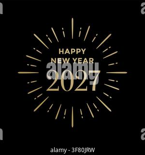 Frohes neues Jahr 2027 elegante Goldtypografie isoliert auf schwarzem Hintergrund. Vektor-Emblem mit Feuerwerksausbrüchen für festliche Grüße, Party-Einladung Stock Vektor