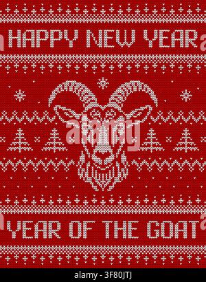 Glückliche Neujahrsgrußkarte. Jahr des Ziegen Cozy gestrickter Pullover Design. Vektor festliches Poster mit stilisiertem Ziegenkopf und Feiertagsornament. Stock Vektor