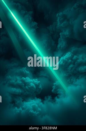 Eine abstrakte und visuell beeindruckende Komposition mit neonfarbenen grünen Lichtstreifen, die sich durch dichte, dunkle Wolken schlängeln und ein Gefühl von Tiefe und Drahtigkeit erzeugen Stockfoto
