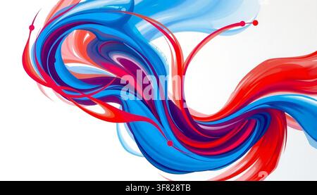 Eine dynamische abstrakte Komposition mit wirbelnden Mustern in lebendigen Rot- und Blautönen vor einem sauberen weißen Hintergrund. Stockfoto