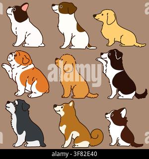 Satz von umrissenen niedlichen Hunden, die in Seitenansicht-Illustrationen sitzen Stock Vektor