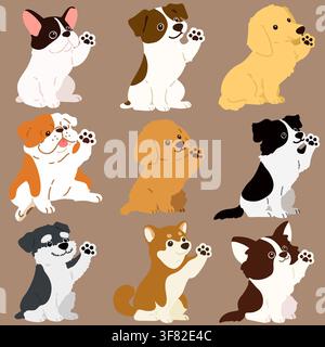 Satz flacher farbiger Hunde, die sitzen und sich die Hand geben, Illustrationen Stock Vektor
