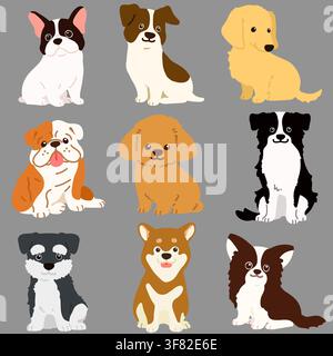 Satz niedlicher Hunde, die in Vorderansicht-Illustrationen sitzen Stock Vektor