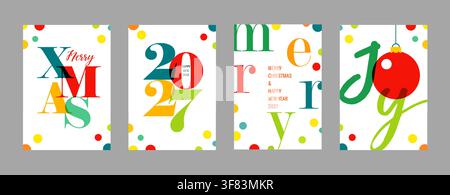 Frohes neues Jahr 2027 und fröhliche Weihnachten, farbenfrohes Posterset. Grußkarten-Vorlage für Neujahrsdesign oder saisonale Weihnachtsbanners Stock Vektor