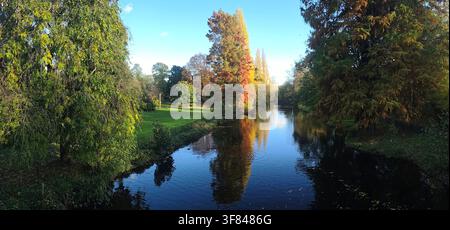 Farbenfrohe Herbstblätter spiegeln sich auf dem Wasser im Chiswick Park in London an einem sonnigen Tag Stockfoto