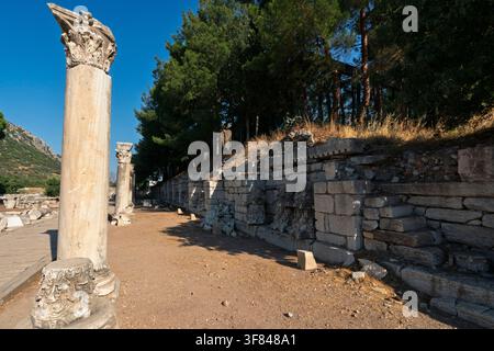 Erforschung antiker Ruinen und Säulen an der archäologischen Stätte von Ephesus in der Türkei am Tag Stockfoto