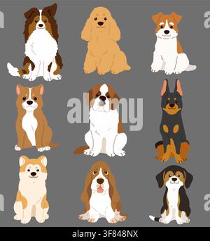 Satz flacher farbiger, niedlicher und einfacher Hunde in Vorderansicht (Shetland Sheepdog, English Cocker Spaniel, Fox Terrier, Pitbull, Saint Bernard, Doberm) Stock Vektor