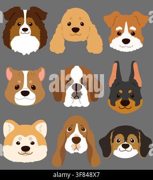 Satz von flachen farbigen, niedlichen und einfachen Hundeköpfen (Shetland Sheepdog, English Cocker Spaniel, Fox Terrier, Pitbull, Saint Bernard, Doberman, Akita-Hund, B Stock Vektor