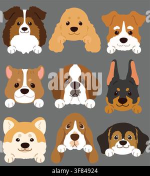 Satz von flachen farbigen, niedlichen und einfachen Hundeköpfen (Shetland Sheepdog, English Cocker Spaniel, Fox Terrier, Pitbull, Saint Bernard, Doberman, Akita-Hund, B Stock Vektor