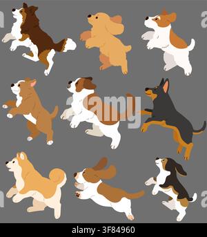 Satz von flachen farbigen, niedlichen und einfachen Hunden, die im Seitenansicht springen (Shetland Sheepdog, English Cocker Spaniel, Fox Terrier, Pitbull, Saint Bernard, Doberma Stock Vektor