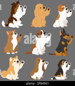 Satz flacher farbiger, niedlicher und einfacher Hunde, die sitzen und winken (Shetland Sheepdog, English Cocker Spaniel, Fox Terrier, Pitbull, Bernhardiner, Dobermann, Stock Vektor