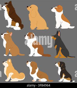 Satz von flachen, farbenfrohen, niedlichen und einfachen Hunden in Seitenansicht (Shetland Sheepdog, English Cocker Spaniel, Fox Terrier, Pitbull, Bernhardiner, Dobermann) Stock Vektor