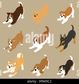 Einfache und niedliche Illustrationen von Hunden, die verspielt flach koloriert sind Stock Vektor