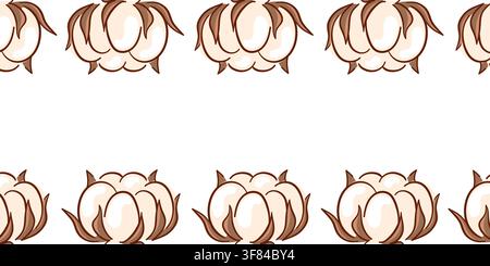 Baumwollblumenrahmen mit leerem Platz. Minimalistische organische Pflanzenbordüre. Natürliches Materialelement. Moderner flacher Stil. Vektorillustration für Design Stock Vektor