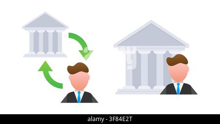 Finanztransaktionsprozess mit Person und Institution Gebäudebau Stock Vektor