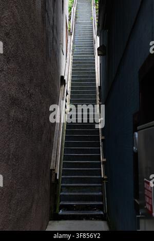 Schmale öffentliche Treppe, die steil zwischen zwei hohen Gebäuden hinaufsteigt. Stockfoto
