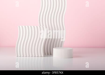 Werbeständer aus weißem Beton. Gipspodium zur Präsentation kosmetischer Mittel. Minimales Modell. Stockfoto