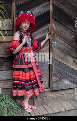 Junge Frau in einem traditionellen Hmong-Kleid in Sapa, Vietnam Stockfoto