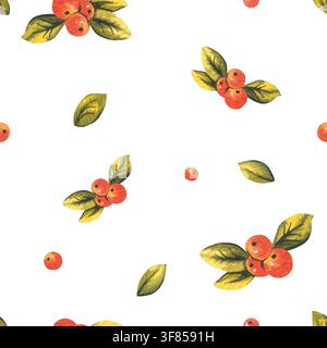 Aquarell nahtloses Muster mit handgezeichneten roten Beeren und gelben Blättern. Botanische Illustration für Textil, Papierhintergrund zur Erntezeit Stockfoto