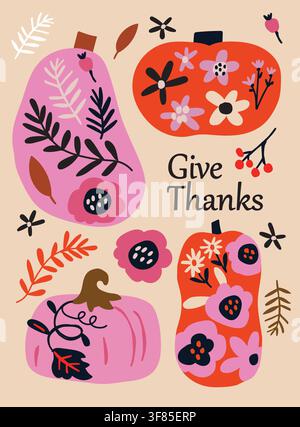 Give Thanks Thanksgiving-Karte mit floralen Kürbissen, Beeren und Herbstblättern in warmen Rosa- und Rottönen. Moderne Ernte-Glückwunschkarte für Einladungen, Poster, saisonale Dekoration und Feiertagsfeiern. handgezeichnete Vektordatei. Stock Vektor