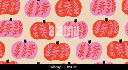 Nahtloses Thanksgiving-Muster mit rosa floralen Kürbissen und blättrigen Motiven auf einem warmen Herbsthintergrund. Minimalistisches feminines Erntedesign für Stoff, Tapete, Geschenkpapier und saisonale Feiertagsdekoration. Handgezeichnete Vektordatei. Stock Vektor