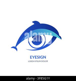 Moderne Vektor-Augen- und Delfin-Logo-Ikonenschild-Emblem. Konzept für Vision, Intelligenz, Augenarztpraxis, Meeresleben, Marintourismus, umweltfreundlich Stock Vektor