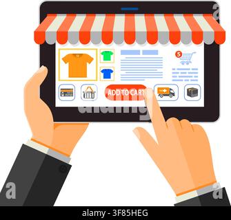Konzepte für Online-Internet-Technologie und -Shopping. Mann hält Tablette in der Hand und kauft. Isolierte Vektordarstellung. Stock Vektor