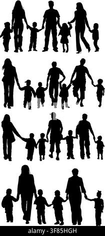 Große familie Silhouetten Eltern mit Kindern halten sich an den Händen, Vector Illustration auf transparentem Hintergrund isoliert Stock Vektor