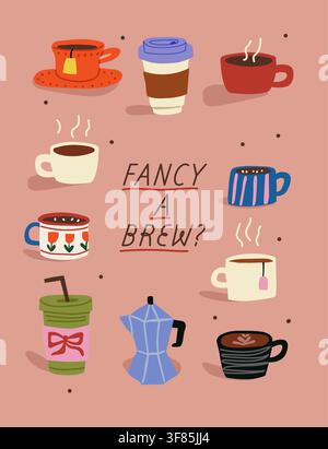 Moderne Kaffeewandkunst mit stilvollen Kaffeetassen, To-go-Bechern, einer italienischen Moka-Kanne und Espresso-Zubehör mit dem Zitat Fancy Brew. Handgezeichnetes, gemütliches Poster mit subtilen Schatteneffekten für Cafés, Küchen und hygge-inspirierte Wohnkultur. Handgezeichnete Vektordatei. Stock Vektor