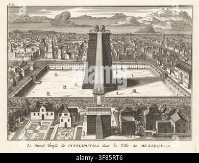 Ansicht des großen Tempels Templo Mayor Tenochtitlan dem Gott der Mexica (Azteken) Huitzilopochtli in Mexiko-Stadt. Hohe schmale Pyramide mit zentraler Treppe von 126 Stufen, die zu zwei Schreinen an der Spitze führt: einer für Huitzilopochtli, den Kriegsgott, und einer für Tláloc, den Gott des Regens und der Fruchtbarkeit. Der Turm steht in einem großen quadratischen Platz, der von Gebäuden und Außenmauern umgeben ist, die mit Schlangen verziert sind. Le Grand Temple de Vitsiputsli dans la Ville de Mexique.Cupferstich von David Herrliberguer nach einer Illustration von Bernard Picard aus Les Ceremonies Religieuses de Tous les Peuples du Monde, Rel Stockfoto
