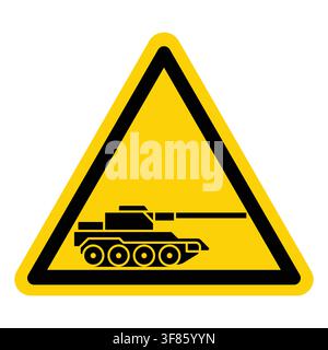 Gelbe dreieckige Warnschilder mit einem schwarzen Panzer-Symbol, das militärische Alarmbereitschaft oder Gefahr symbolisiert, ideal für Aufklärungs- und Sicherheitskommunikation in var Stock Vektor