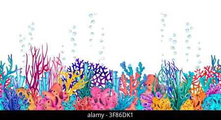 Nahtlose Aquarell-Korallenriff-Bordüre mit lebendigen tropischen Korallen und Unterwasserpflanzen. Handgemaltes horizontales Meeresdesign für Banner, Einladungen Stockfoto