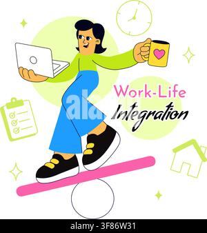 Vektorillustration zur Arbeitslebensintegration mit ausgewogenen beruflichen Pflichten, häuslichen Aktivitäten, Produktivität und persönlichem Wohlbefinden Stock Vektor