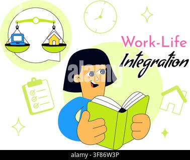 Vektorillustration zur Arbeitslebensintegration mit ausgewogenen beruflichen Pflichten, häuslichen Aktivitäten, Produktivität und persönlichem Wohlbefinden Stock Vektor
