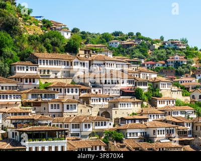 Steinhäuser im alten Viertel von Mangalem - Berat, Albanien Stockfoto