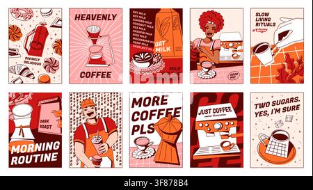 Vintage-Kaffeeschilderer-Set mit Barista-Charakteren, die Morgengetränke servieren. Zeitgenössische Banner mit Kaffeeszenen, Hand, die eine Tasse hält, Kaffeemaschine, Getränke-Menü-Icons, positive Stimmungsatmosphäre Stock Vektor