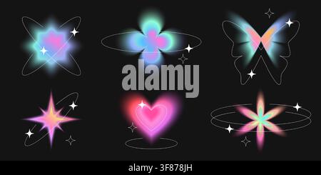 Y2K-Ästhetik-Schilder mit sanftem Aura-Glow auf schwarzem Hintergrund. Vektorrealistisches Set von Neon-Gradient-Herz-, Blumen-, Stern-, Schmetterlings-Icons mit Blur-Effekt, trendige holografische Icons für Retro-Poster Stock Vektor