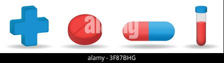 3D-Medizin-Icon-Set mit Gesundheitssymbolen, einschließlich blaues Kreuz, Tablettenpille, Kapsel und Laborteströhre Stock Vektor