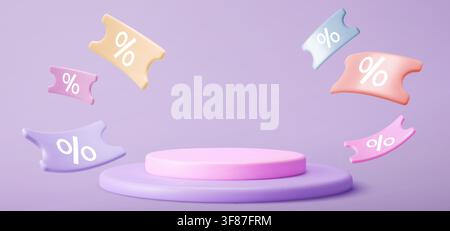 Fliegende 3D-Rabattgutscheine und rundes Podium auf violettem Hintergrund. Vektorrealistische Illustration eines Verkaufsaktionsbanners mit Prozentgutscheinen und Produktpräsentationsbühne, Design für Sonderangebote Stock Vektor