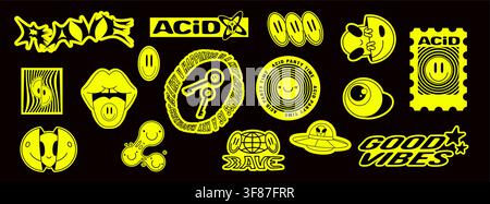 Y2K-Rave-Aufkleber-Set mit trippy Acid-Formen isoliert auf schwarzem Hintergrund. Vektorillustration von psychedelischen neon-gelben Symbolen, UFO und Mund mit Zungen-Stempeln für Party-Designs, coole urbane Grafiken Stock Vektor