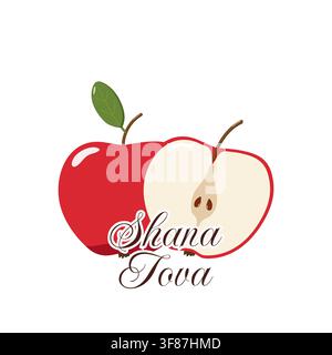Zwei Äpfel, einer ganz rot mit einem Blatt und einer halbiert mit sichtbaren Samen, mit stilisertem Shana Tova-Text darunter Stock Vektor