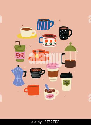 Moderne Kaffee-Wandkunst mit handgezeichneten Kaffeetassen, Kaffeemüslern und Kaffeemaschinen auf einem weichen Pfirsichhintergrund. Gemütliches Küchenposter für Kaffeeliebhaber, Cafés, Wohnraumdekoration und zeitgenössische Innenräume. handgezeichnete Vektordatei Stock Vektor