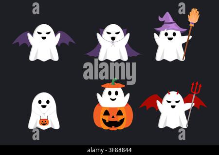 Niedliches weißes Geisterkostüm-Charakter-Halloween-Vektor-Set Stock Vektor