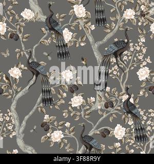 Chinoiserie-Pfauen-Nahtloses-Muster mit Blumenbäumen-Vögeln Vintage-Orientaler-Tapetenentwurf-Illustration Stock Vektor